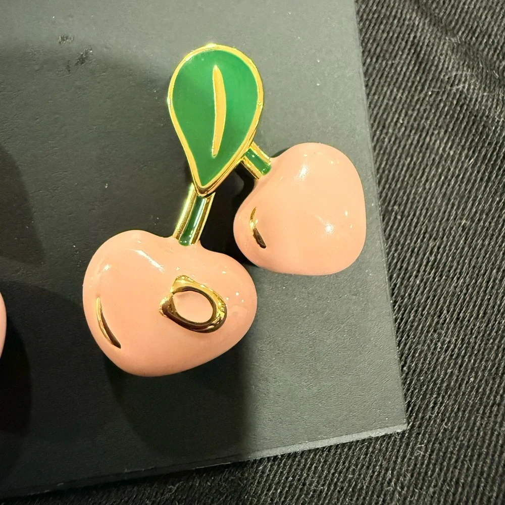 COACH Pink Cherry Enamel Earrings with Green Leaves - Picture 5 of 6